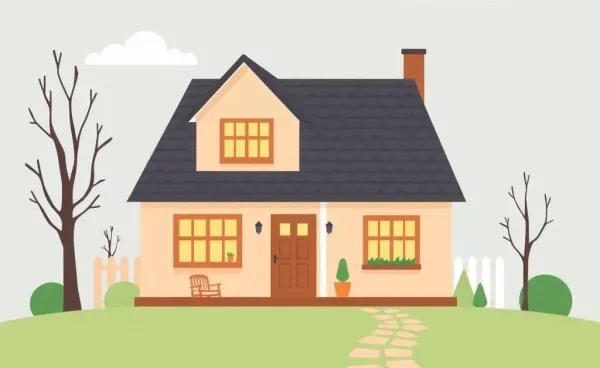 Illustration of a pathway leading to a cozy house, symbolizing the journey of buying a house in the UK