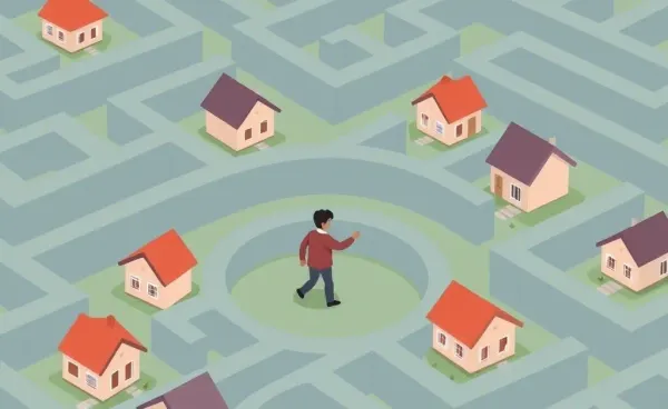 Illustration of a person navigating a maze with houses