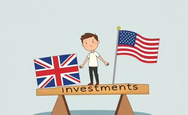 A cartoon illustration of balancing UK and USA investments on a seesaw