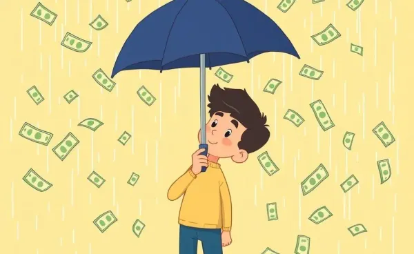 A person holding an umbrella with money rain around
