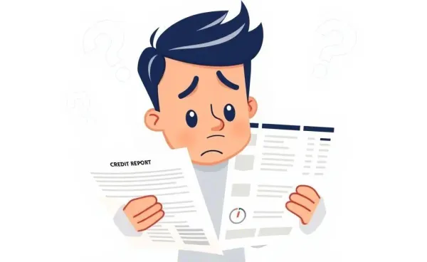 A cartoon person puzzled over a credit report with question marks indicating confusion.