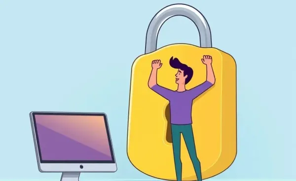 A person unlocking a giant padlock with a computer close by.