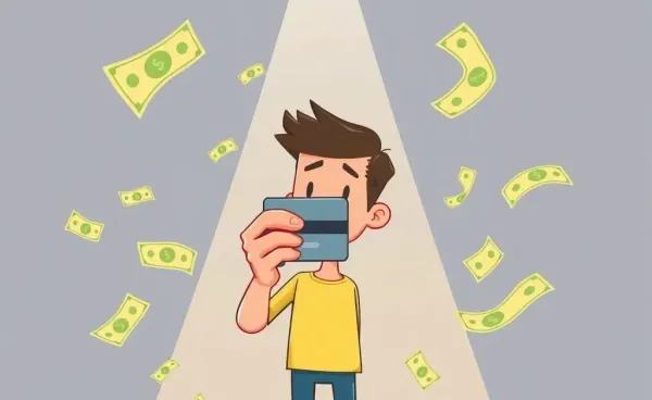 A cartoon person holding a credit card with dollar notes around.