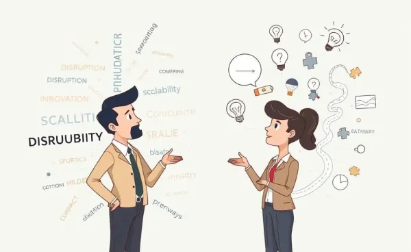Two business people discussing business ideas with contrasting elements of trends and opportunities.
