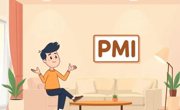Illustration of a cozy living room with a question mark labeled 'PMI'