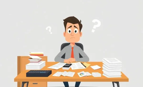A puzzled man at a desk with tax documents and a calculator.