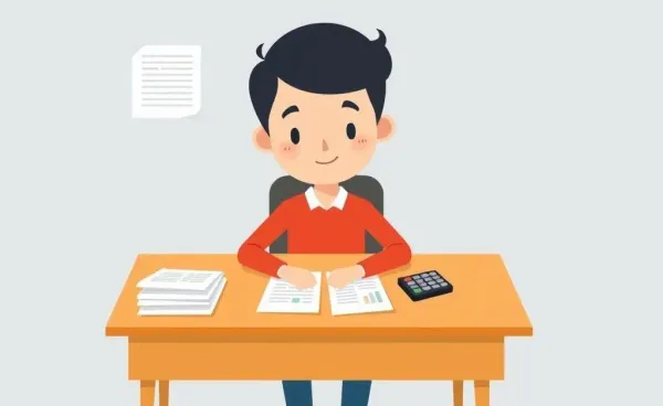 Person at a desk calculating taxes.