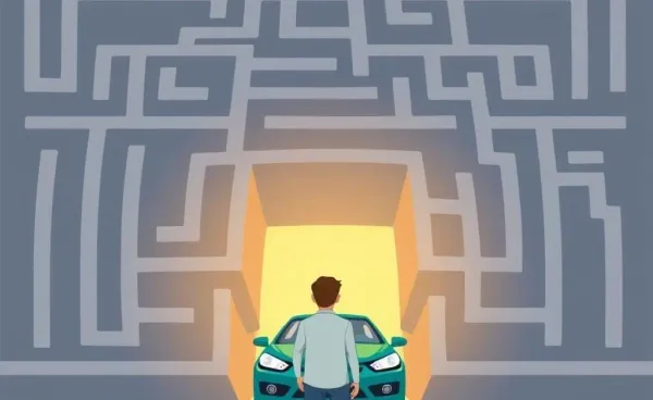 A cartoon-style image depicting a person at the entrance of a maze with a car, symbolizing navigating car insurance.