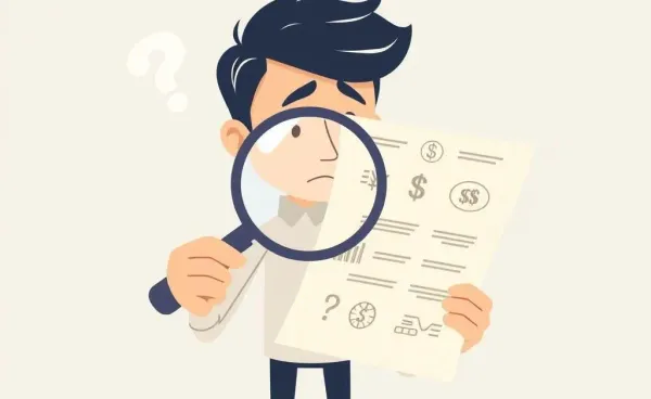 A person examining a paper with financial symbols using a magnifying glass