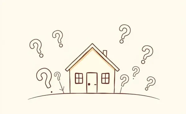 An illustration of a cozy home surrounded by question marks.