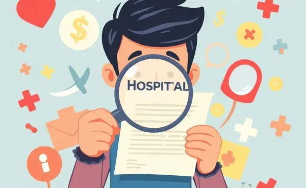 Illustration of a person examining a hospital lien letter with financial and health symbols