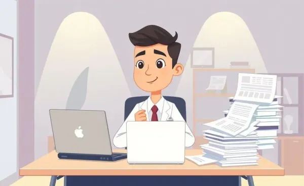 A person looking confidently at a paperwork-filled desk with a laptop