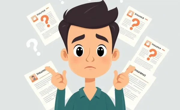 A cartoon of a person looking puzzled surrounded by insurance documents.