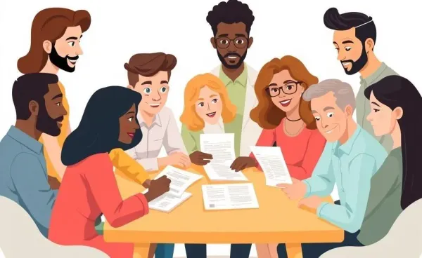 Illustration of a group discussing health insurance documents.