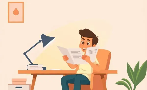 A person reading an insurance policy at a cozy desk