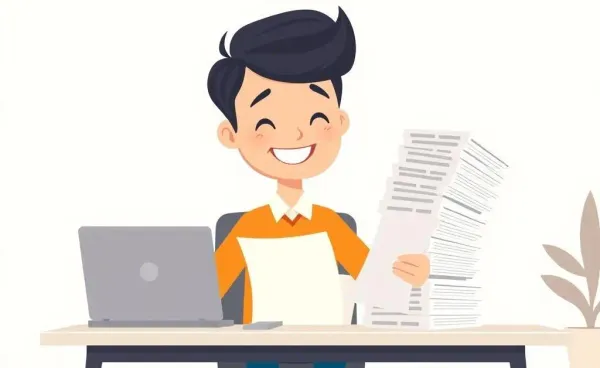 A person at a desk reading insurance policies with a smile.