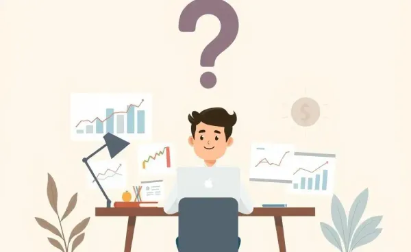 Person at desk with financial charts and question mark
