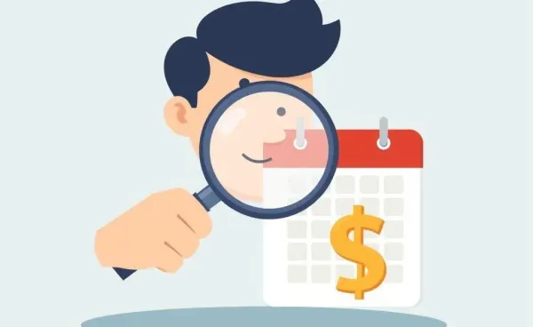 A cartoon image illustrating the investigation of interest rates with a magnifying glass over a calendar and dollar sign.