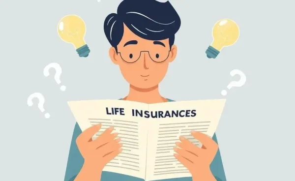 A person reading life insurance documents with symbols of ideas and questions