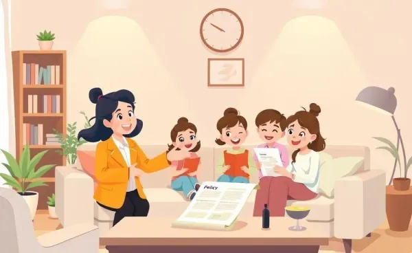 A cartoon of an insurance agent talking to a family in a living room.