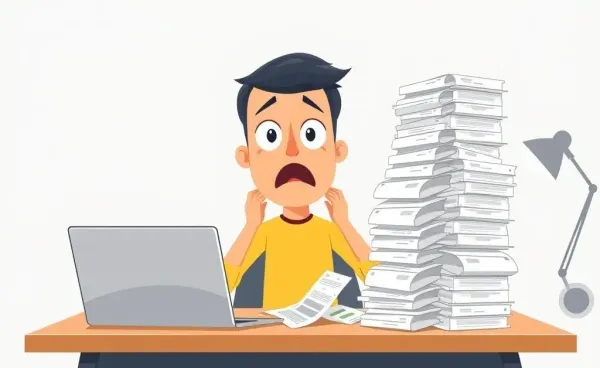 A surprised person looking at medical bills on a desk with a laptop.