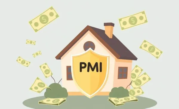 Illustration of a house with money bills and a shield symbol, representing PMI