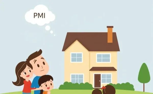Family looking at a house with PMI hovering above