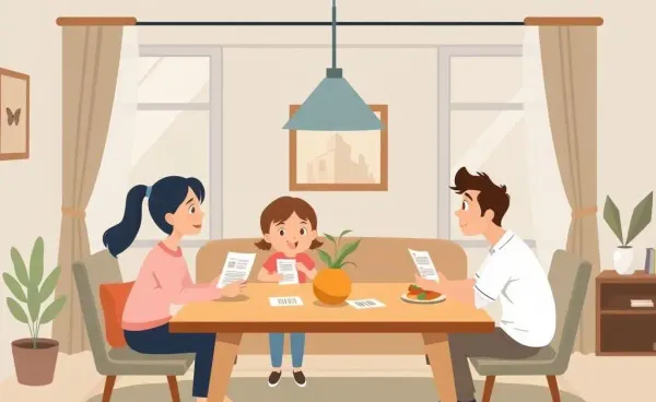 A family discussing mortgage payments in a cozy living room.