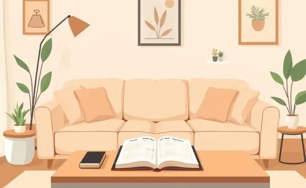Cozy living room setting with a financial planner notebook