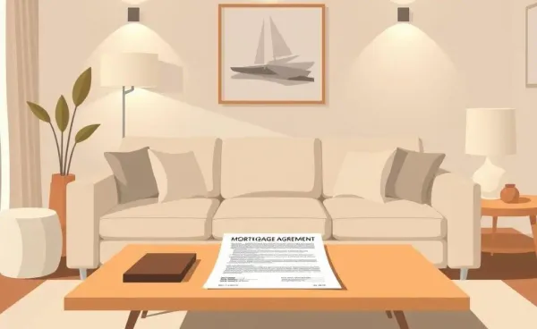 A cozy living room with a mortgage agreement on a coffee table