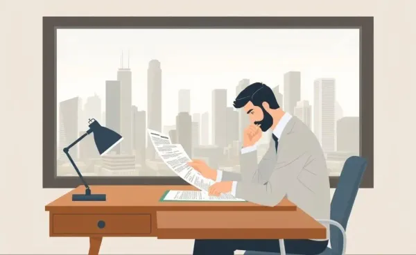 Investor pondering over second-lien mortgage documentation at an office desk