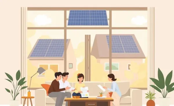 A family reviewing a solar lease agreement in a sunlit living room