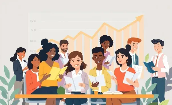 People handling finance books with an unemployment rate chart in the background