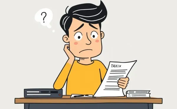 A cartoon of a person confused over a tax document
