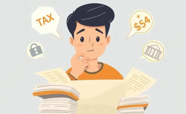 Person examining documents with tax symbols floating around