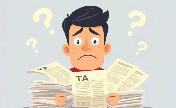 A confused person looking at tax documents