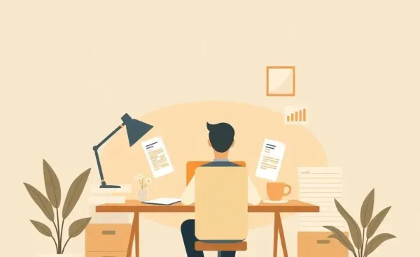 A minimalist cartoon illustration of a person reviewing financial documents at a desk.