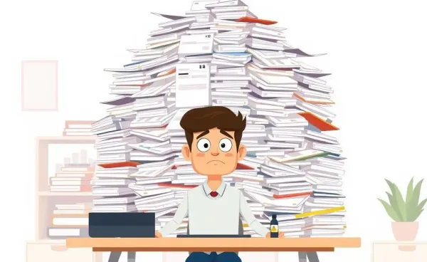 A cartoon of a person confused by bank statements and tax forms