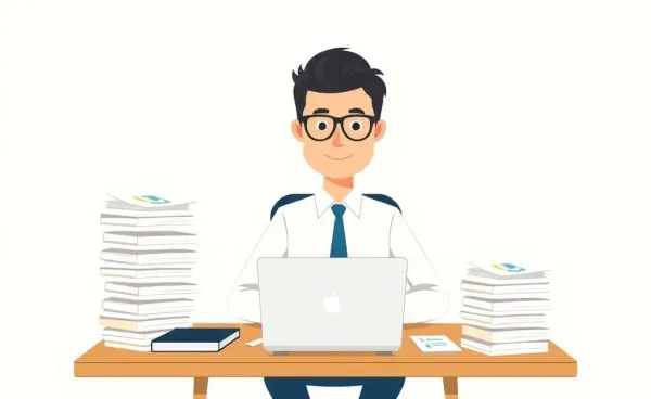 An underwriter working at their desk with documents and a laptop