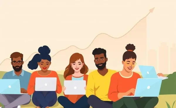 A diverse group managing finances with an unemployment graph in the background.
