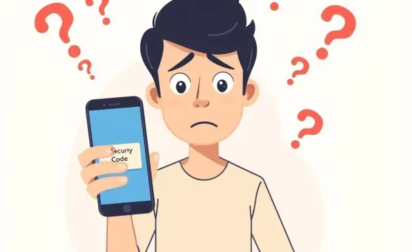 A confused person holding a phone with a bank security code message.