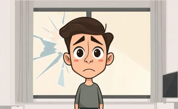 A person looking surprised and worried at a broken window in a flat
