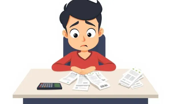 Person surprised by medical bills with a calculator on a desk