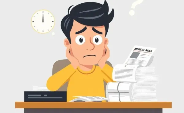 A person confused by a stack of medical bills on a desk