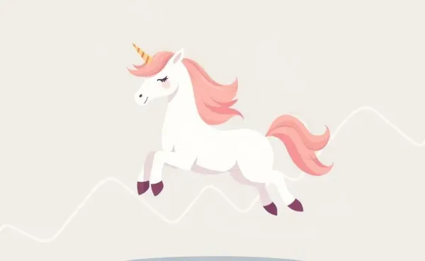 A cartoon unicorn prancing through a stock market graph