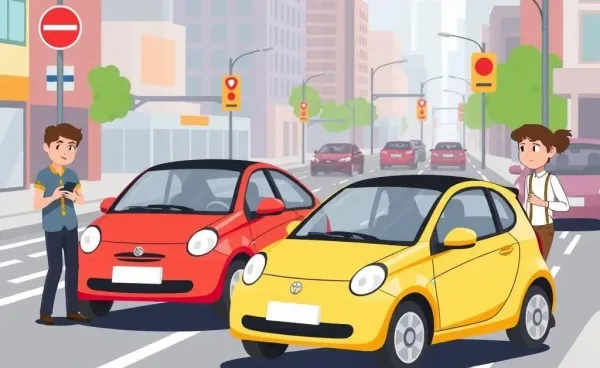 Cartoon of a fender-bender with a puzzled pedestrian holding a phone