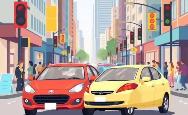 Cartoon illustration of two cars involved in an accident with concerned drivers nearby