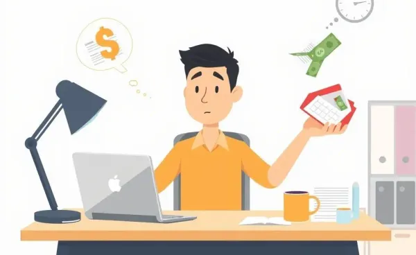 Person juggling financial problems at a desk