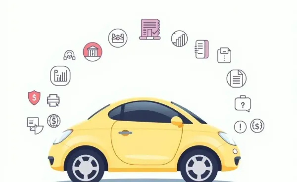 Illustration of various car insurance options surrounding a whimsical car