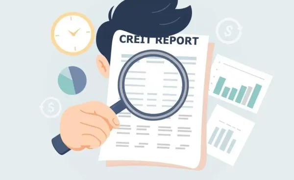 Illustration of a person examining a credit report with a magnifying glass